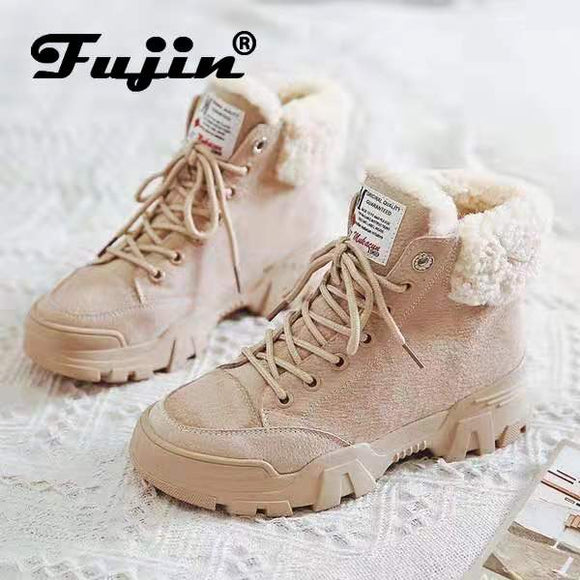 fujin women snow boots beige plush warm fur causal boots shoes sneakers ankle booties platform thick sole lace up winter shoes