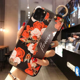 Rose Flowers Wrist Strap phone Cases For iphone 12 11 pro MAX X XR XS MAX 7 8 6 6s Plus Cover  Hand Band Cases Soft TPU Relief