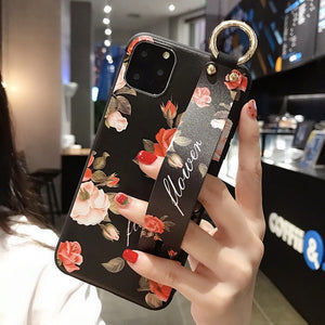 Rose Flowers Wrist Strap phone Cases For iphone 12 11 pro MAX X XR XS MAX 7 8 6 6s Plus Cover  Hand Band Cases Soft TPU Relief